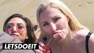 Frida Sante si Georgie Lyall suge fierbinte si dracu 'pe o pula gigant pe plaja